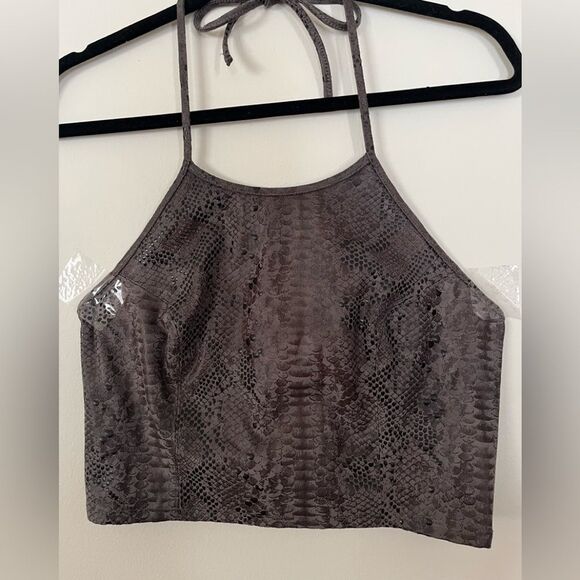 Guess plum/brown snake skin pattern cropped halter top, side zipper, Large - Picture 1 of 4